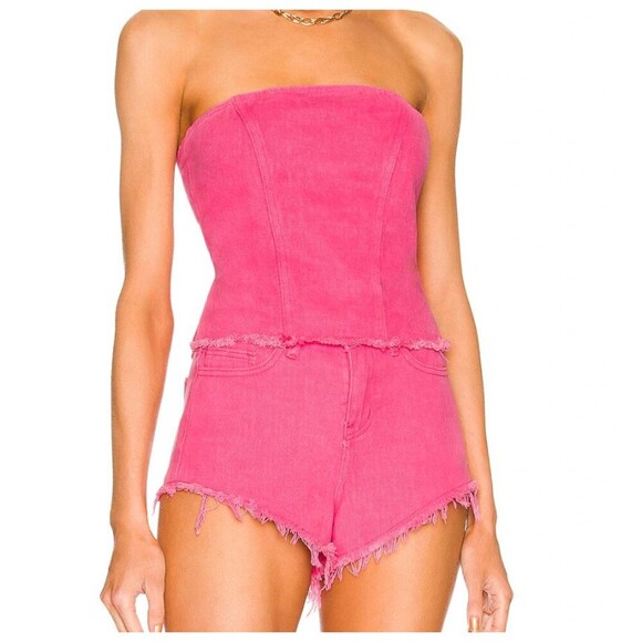 Revolve Superdown Domonique Pink Denim short and strapless top Set Small / 26 - Picture 1 of 15